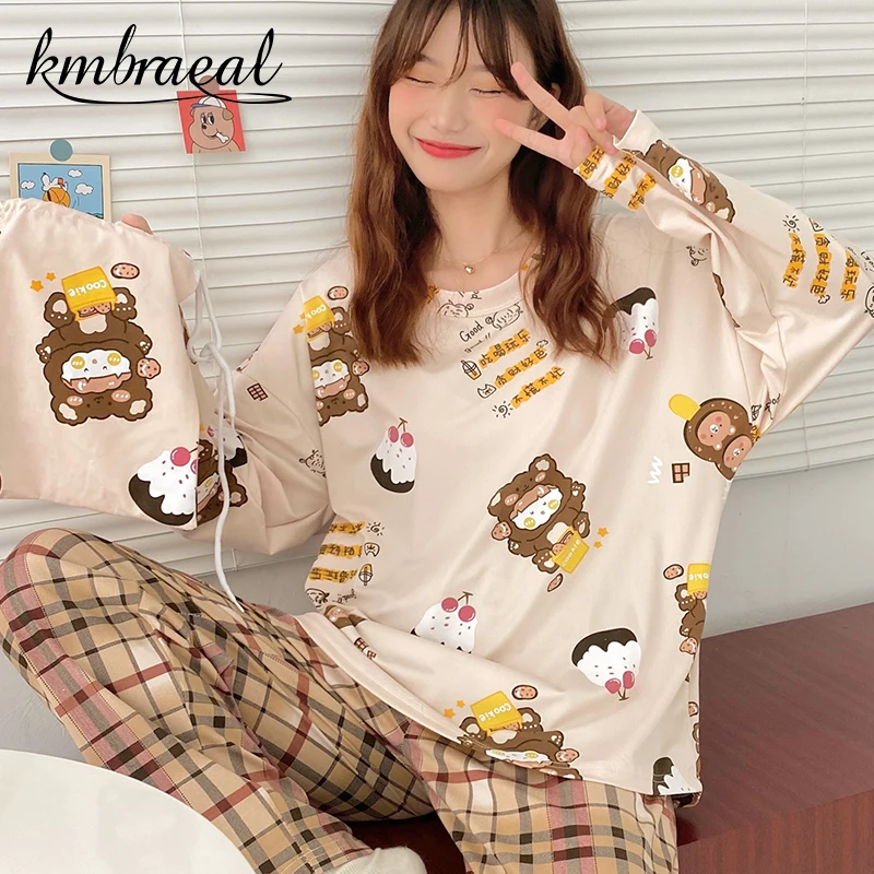

Корейская Пижама, новая осенняя Милая Пижама с мультяшным принтом для девочек, милая пижама в виде медведя, комплекты одежды для сна, домашн...