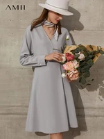 amii minimalism spring offical lady womens dress causal solid vneck full sleeve high waist chiffon dress for women 12130010