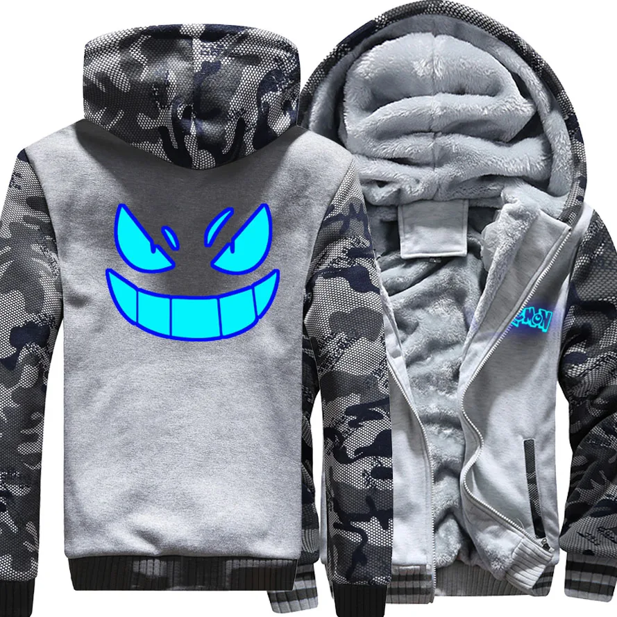 

Winter New Men's Camouflage Fashion luminous pokemon Hooded Zipper Jacket long Sleeves With Fleece Warm Sports Outdoor Coat