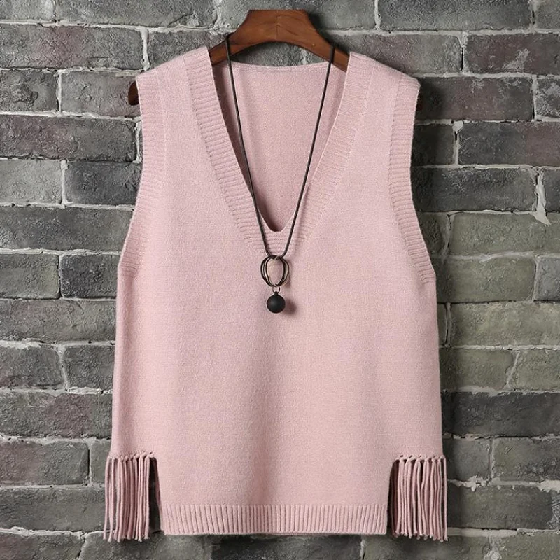 Женский свитер жилет без рукавов вязаный пальто корейский Однотонный пуловер с