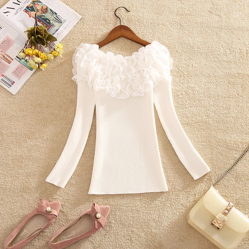 Джемпер женский трикотажный с оборками Модный милый свитер в Корейском стиле топ