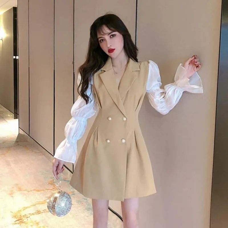 Женский Длинный блейзер модельное дизайнерское двубортное офисное платье мини