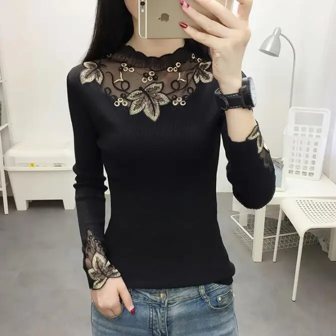 

Woman Sweaters Sweater Women's Spring and Autumn Embroidered Lace Slim-Fit Sweater Long-Sleeved Top Femme Chandails Pull Hiver