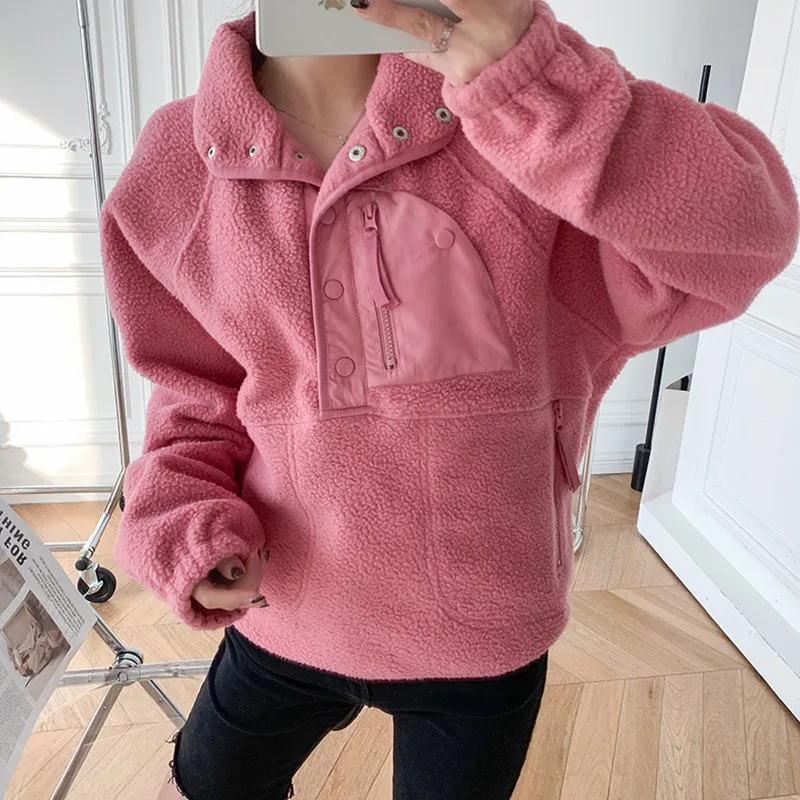 

Autumn Pink Polar Fleece Jacket Ladies Outer Thin Top Casual Outerwear Pink Solid Short Turtleneck Jacket