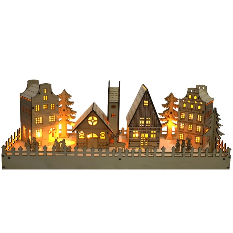 

K5DC Christmas Wooden Village House Scene LED Lighted Luminous Xmas Tree Reindeer DIY Blank Ornament Holiday Desktop Decor