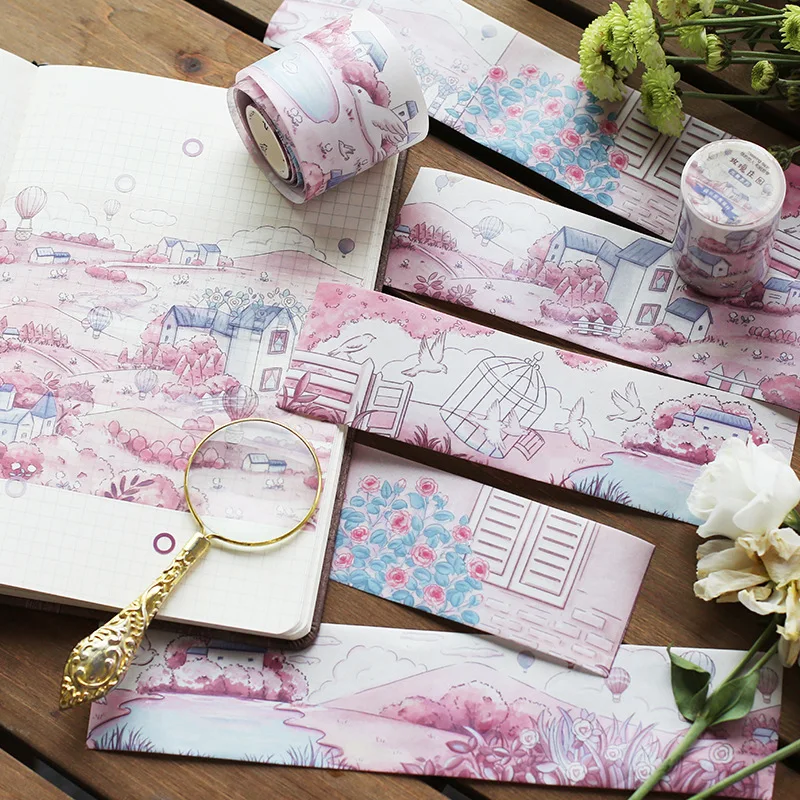 

50mm*3m Kawaii Rose Town Street Washi Tape Stickers Scrapbooking Masking Tape Stationery School Supplies Bullet Journal n682