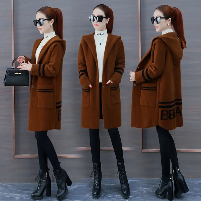 

High-end Women Faux Mink Velvet Coat New Female Autumn Winter Plus Size Loose Woolen Jacket Hooded Overcoat Fashion Wool Coats