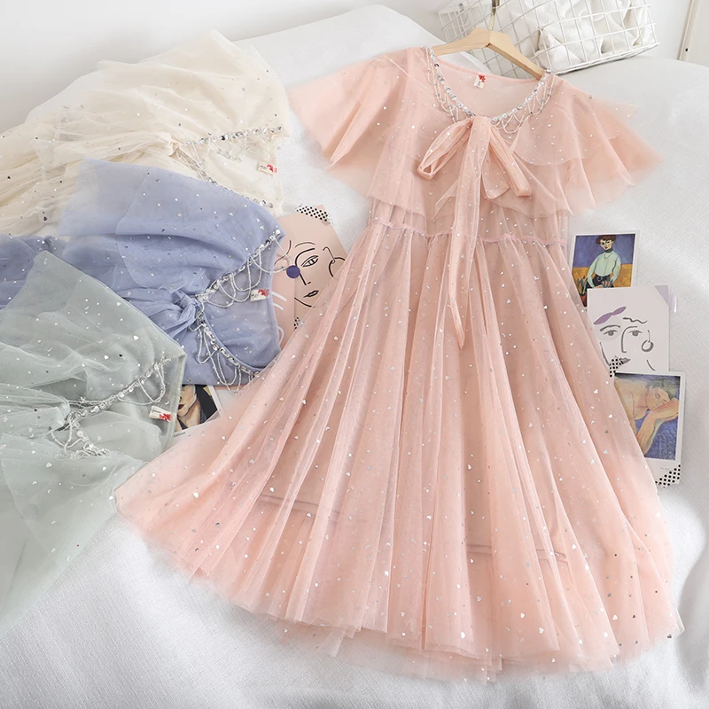 

Летняя женская обувь с О-образным вырезом, отделанные блестками; Туфли на шнуровке повязки плиссированное платье леди эластичный тонкий Mesh Gauze/пуловер вечерние юбка миди шик платье