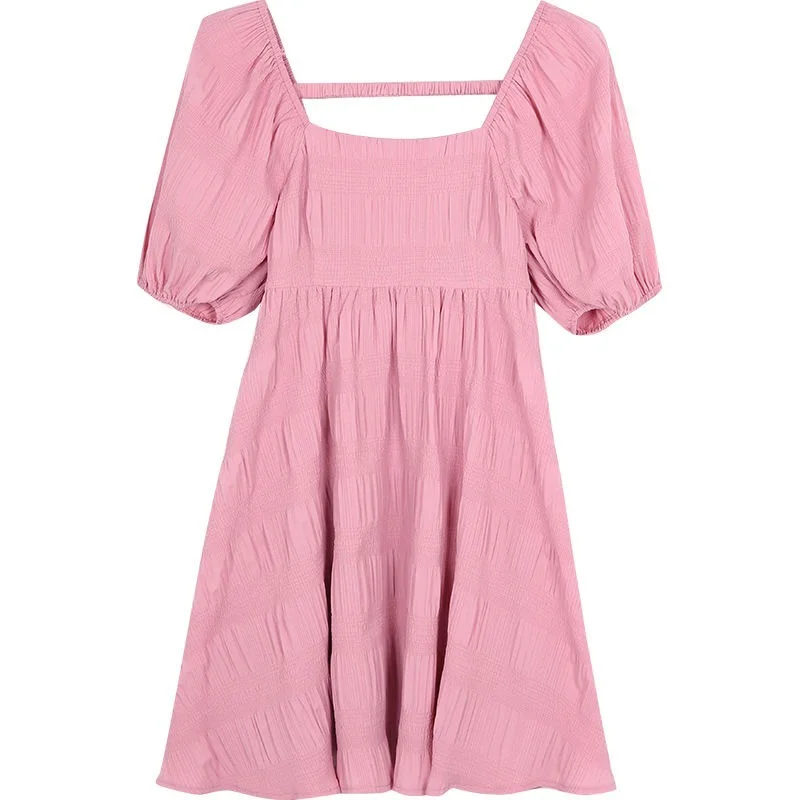 

Summer Mini Dress Women Pink Puff Sleeve Korean Style Sweet Dress Backless Chiffon Kawaii Elegant Vintage Party Dress Y374