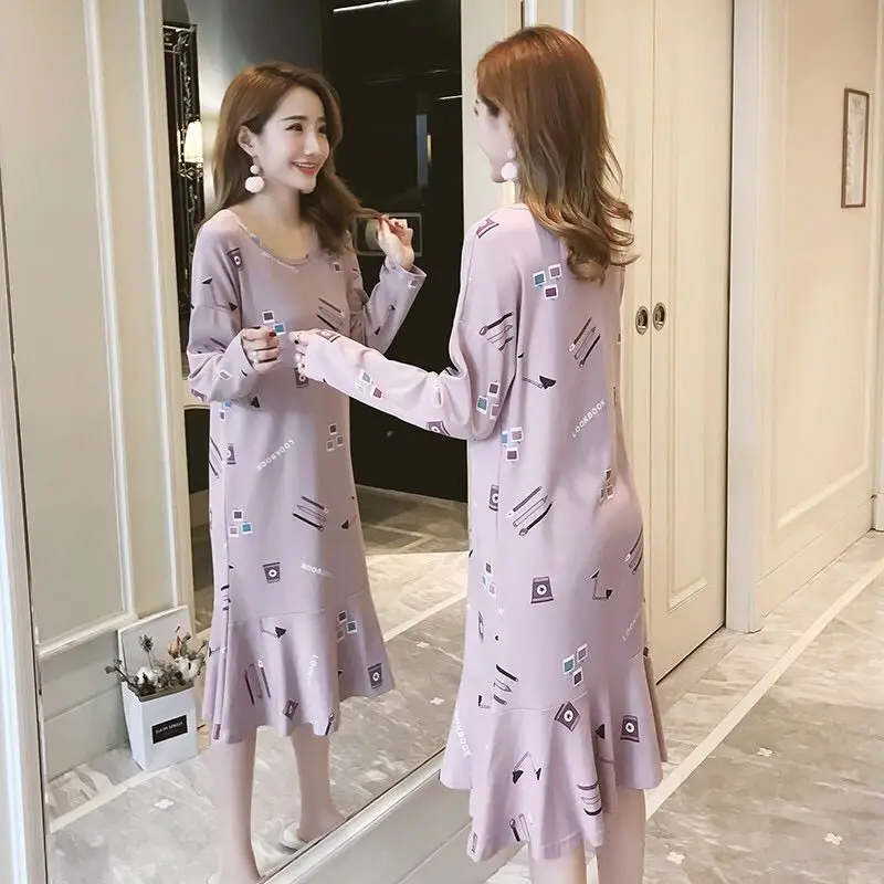 

Nightgowns Women Printed Long Sleeve Cotton Soft Comfortable Kawaii Womens Sleepwear Korean Style Students Sleepshirts XXL New