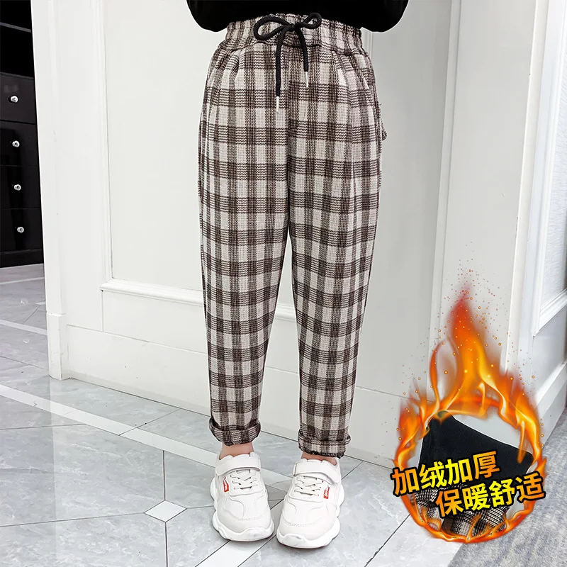 

3-14 Years Girls Pants 2020 New Winter Plaid Pants Fleece Thick Casual Retro Kids Harem Pants School Children Trousers