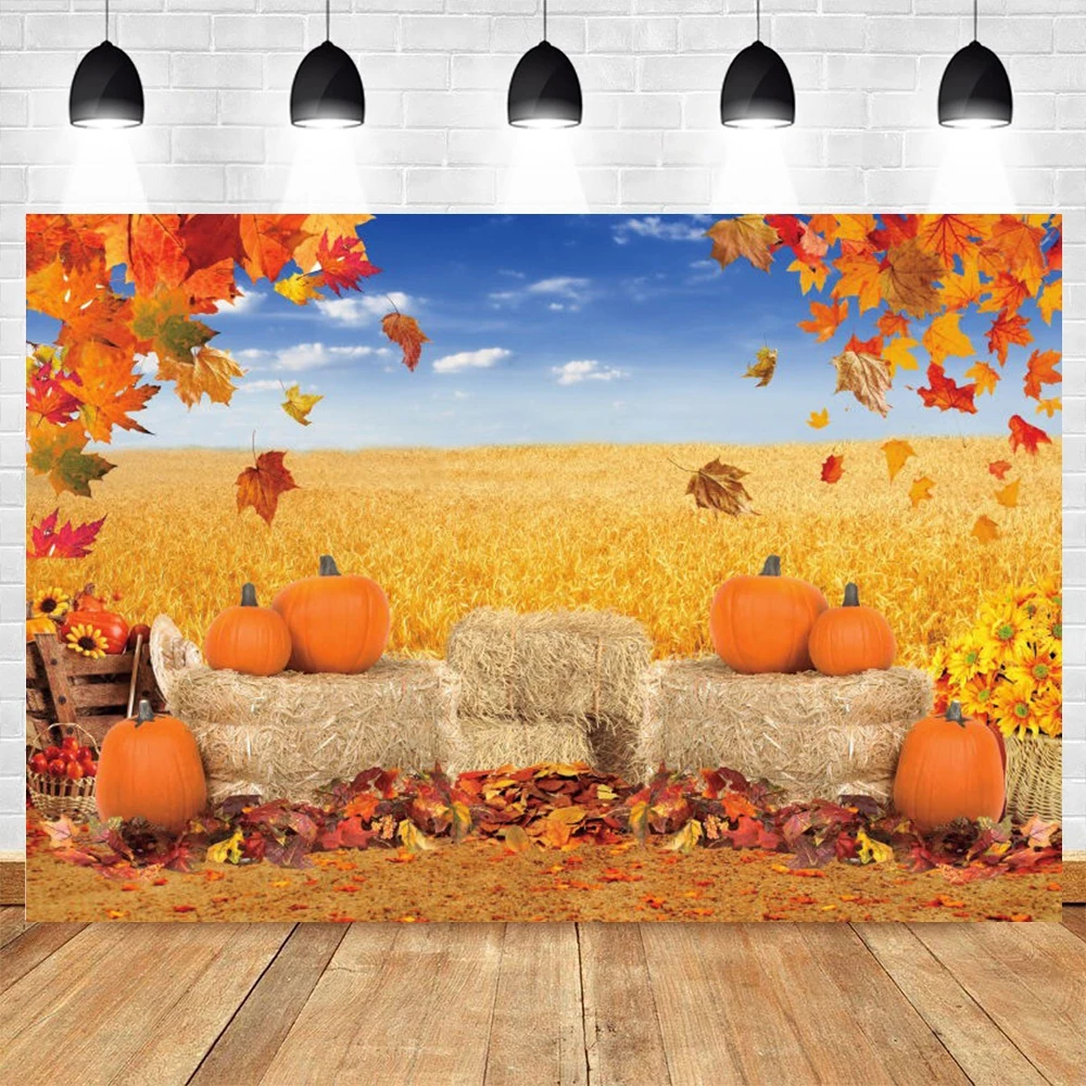 

Autumn Fall Farm Pumpkin Barn Photography Backdrops Fallen Leaves Field Harvest Wheat Baby Portrait Photographic Background Prop