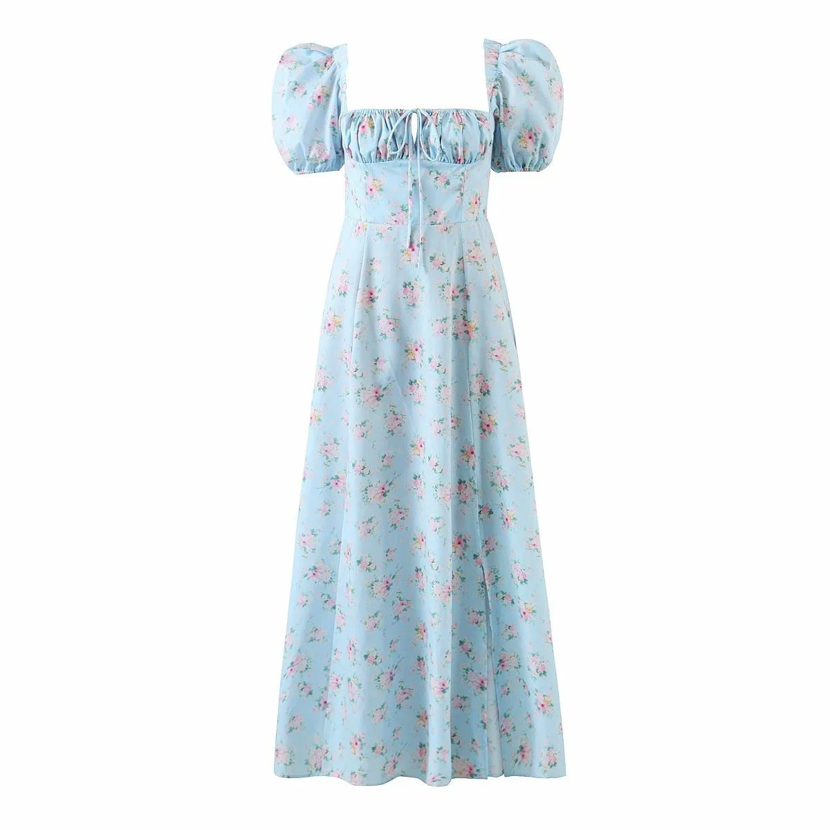 

Toppies 2021 Summer Maxi Dress Sexy Side Split Square Collar Party Wear French Court Style Floral Dress Front Knot Bow