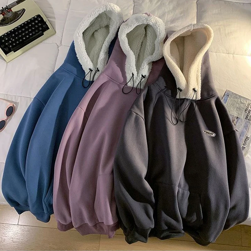 

Sudadera con capucha de felpa de cordero para hombre y mujer, suéter grueso y cálido,SS78 holgado, de Color sólido, informa 2021