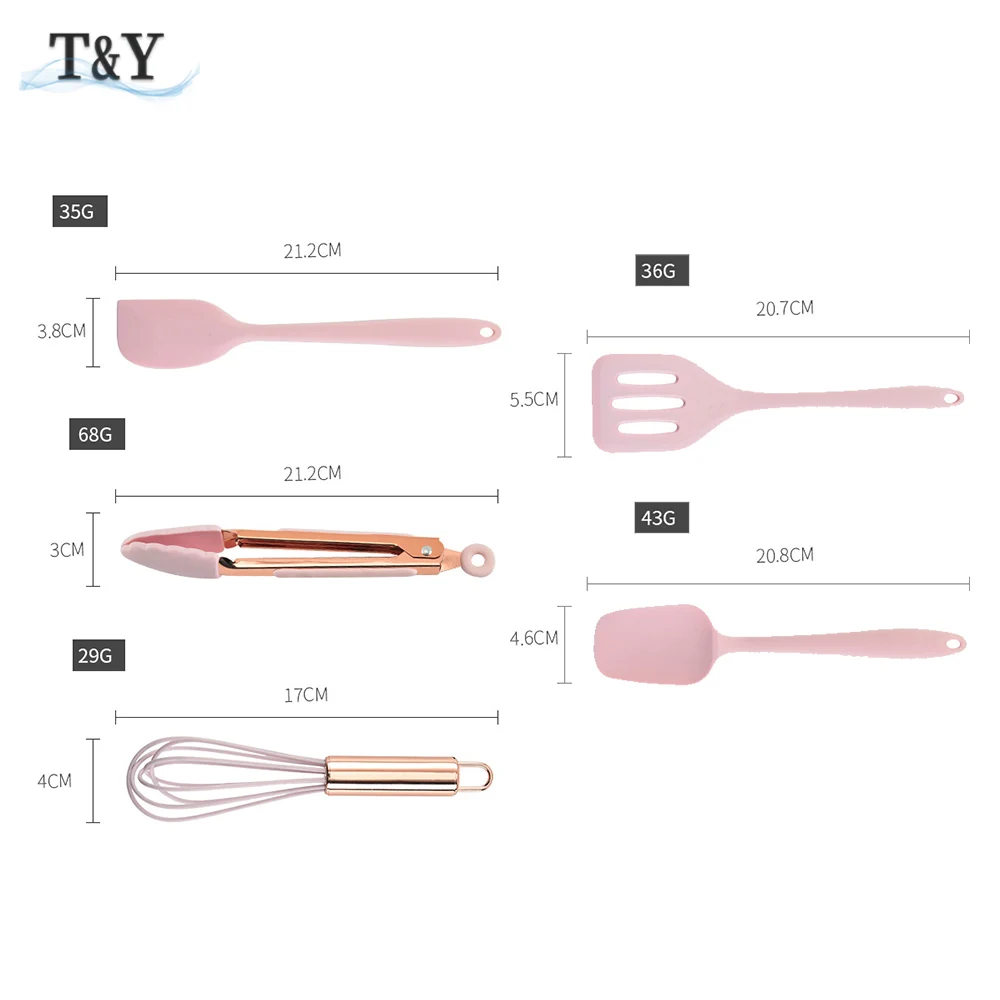 

T&Y 3/5/8pcs Nonstick Silicone Cooking Tools with Rose Gold Copper Handle, Elegant Baking Pastry Spatula, Turner, Egg Beater