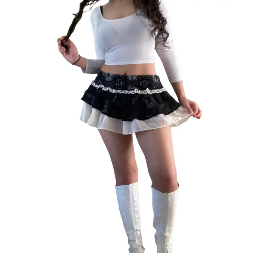

Women Summer Skirt Lace Splicing Middle-Waist Layered Pleated Miniskirt for Girls Black White