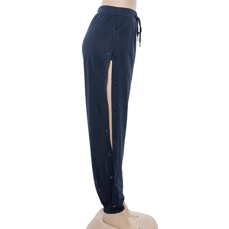 

New Summer Mesh Side High Split Button Trousers Women Elastic Waist Drawstring Harem Pants Black Hip-hop Loose High Waist Pants