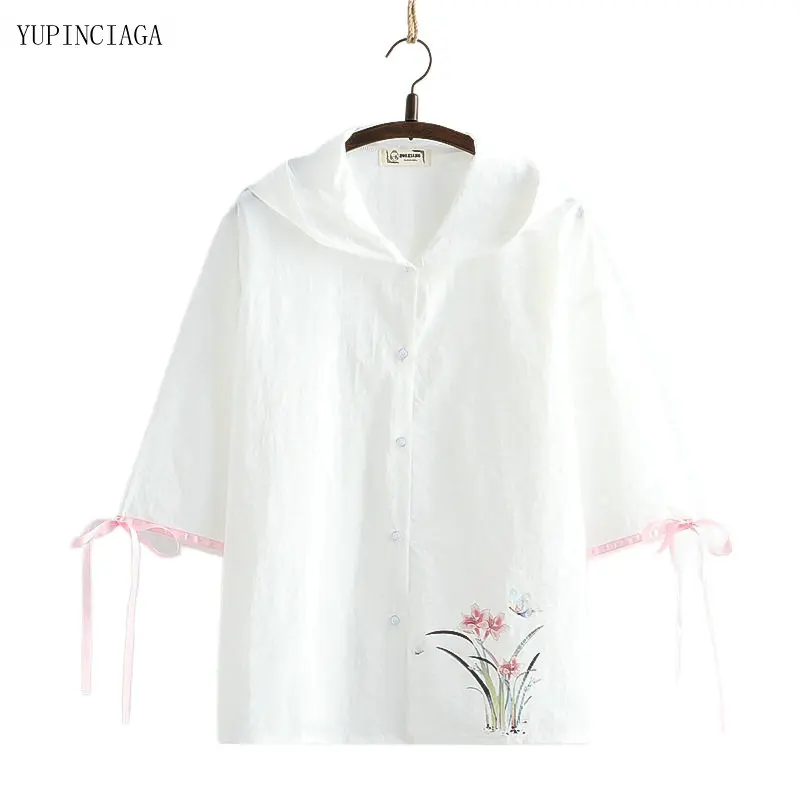 

Japanese Preppy Style Sweet Womens Tops And Blouses Hooded Daffodil Sunscreen Short Sleeve Shirt 2115569