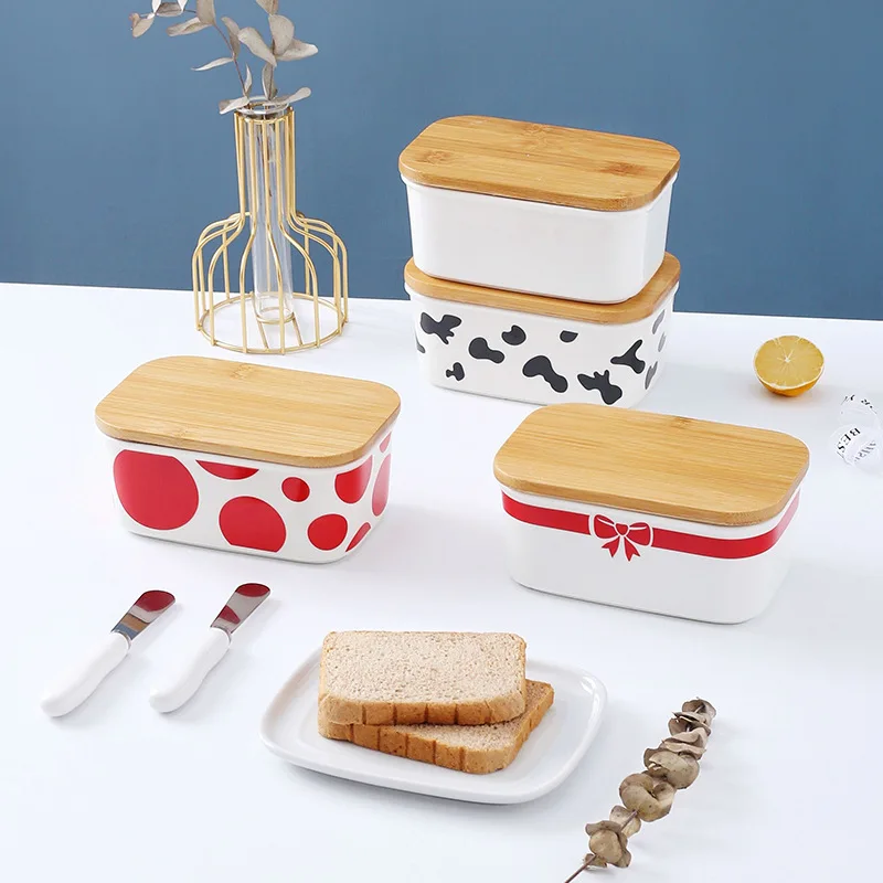 

Creative Western Ceramic Butter box cake dish European household snack box fresh keeping box with wooden cover set