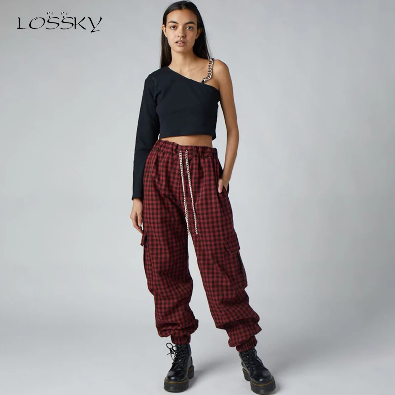 Lossky/женские брюки Сезон осень-зима В стиле панк клетку Уличная одежда с высокой