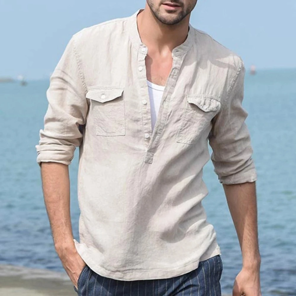Helisopus Men's Casual Blouse Cotton Linen Shirt Long Sleeve Men T-shirt Male Breathable Slim Fit Tops Camisas Para Hombre