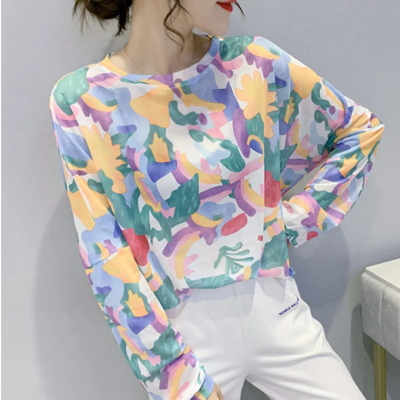 

#5838 Summer Camouflage T Shirt Women Long Sleeves Sexy Loose O Neck Thin Casual Mesh T Shirt Female Sunscreen Womens Tee Shirts