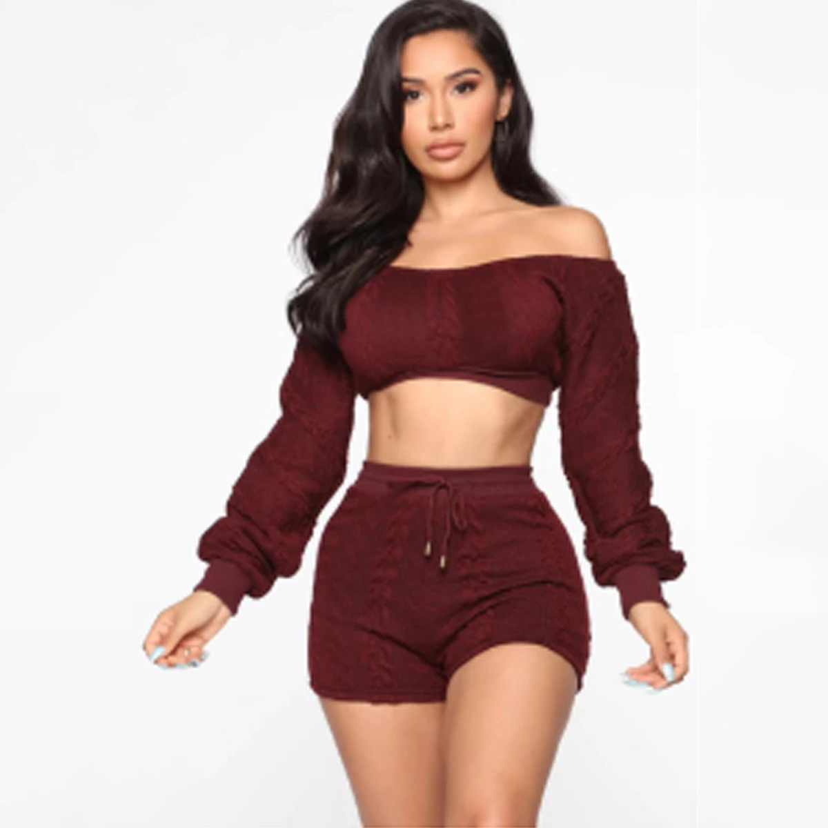 Коричневый Slaygirl, сексуальный Трикотажный костюм из двух частей, женский осенний зимний укороченный топ, женский короткий костюм из двух частей, белый уличная одежда - Цвет: Коричневый