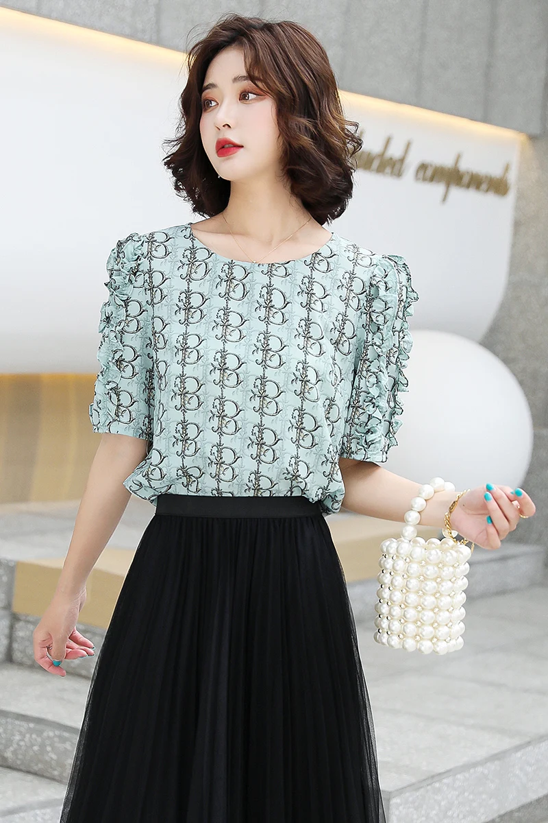 

2021 summer new style elegant fashion round neck floral shirt simple and comfortable temperament top women