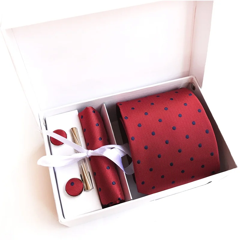 

Gift Box Custom Personalized Mens Ties Hankie Cufflinks Sets Neckwear 8cm Dot Cravats Striped Necktie for Men Wedding Party 2021