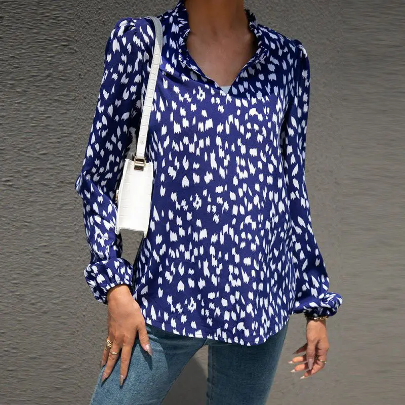 

Autumn And Winter Women New Temperament Fashion Blouse Leopard Print Lantern Sleeve Shirt