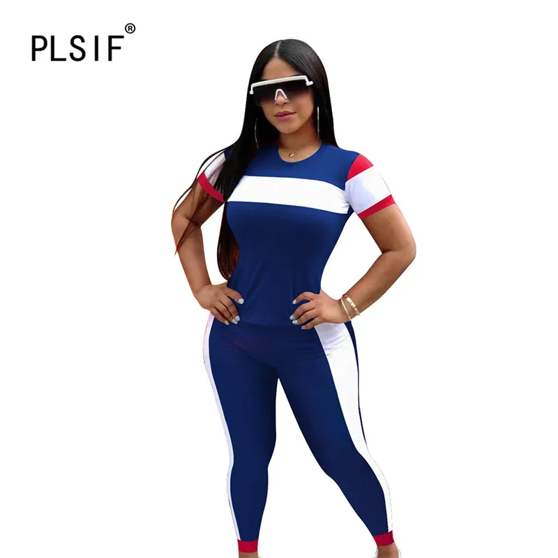 Женские вечерние Модные топы с круглым вырезом и короткими рукавами синие брюки