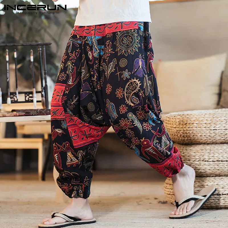 

INCERUN Men Harem Pants Print Retro Drop-crotch Joggers Cotton Trousers Men Baggy Loose Nepal Style Men Casual Pants S-5XL 2020