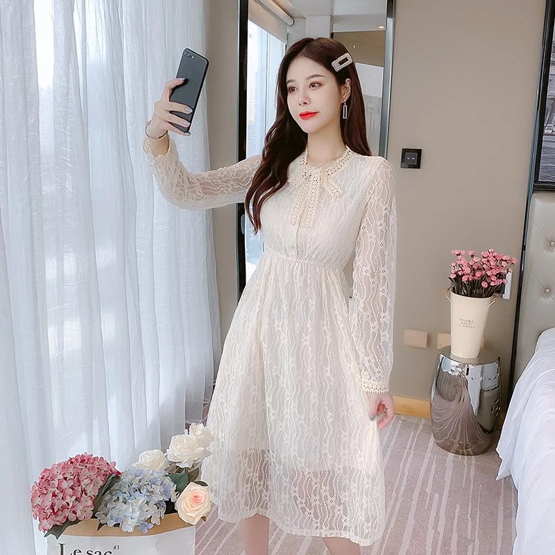 

COIGARSAM Full Sleeve Women dress New Spring Lace Dresses Pink Apricot 9911