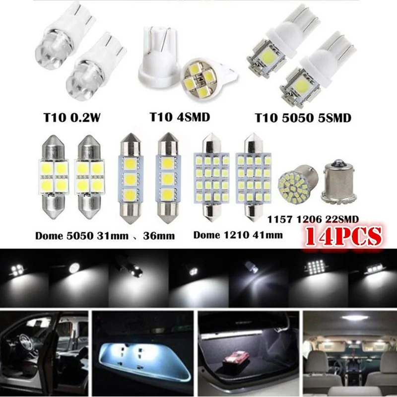 

14Pcs LED Lights T10 5050 5SMD T10 1206 8SMD 3528 12SMD 31MM Bulb LED White Car Interior Light LED Car Accessories Led Lights