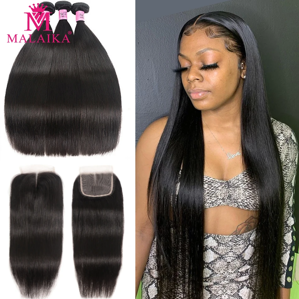 Malaika Straight Human Hair Bundles With Closure Peruvian Hair Bundles With Frontal Virgin Remy Hair Bundles Hair With Closure