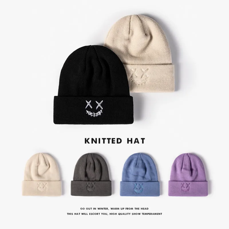 

Autumn and winter Embroidered Smile Face Knitted Hat Female Solid Cap Outdoor Warm Beanies Ladies Woolen Hats For Women