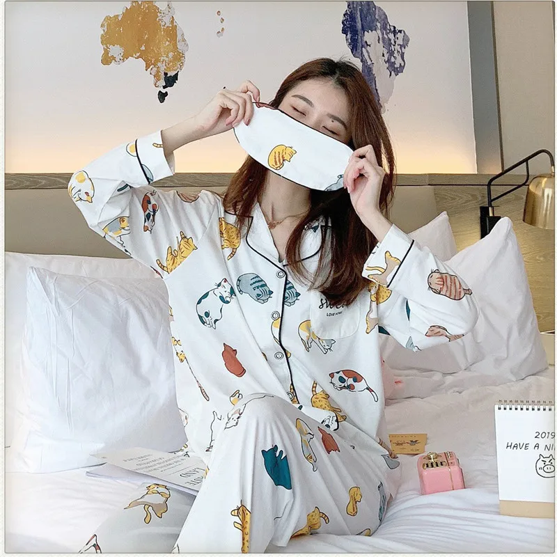 Caiyier осенне-зимние женские пижамные комплекты хлопковая Милая Ночная рубашка с