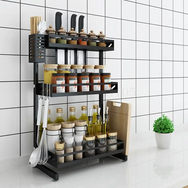 Кухонная полка из нержавеющей стали для приправ настольная черная многоярусная
