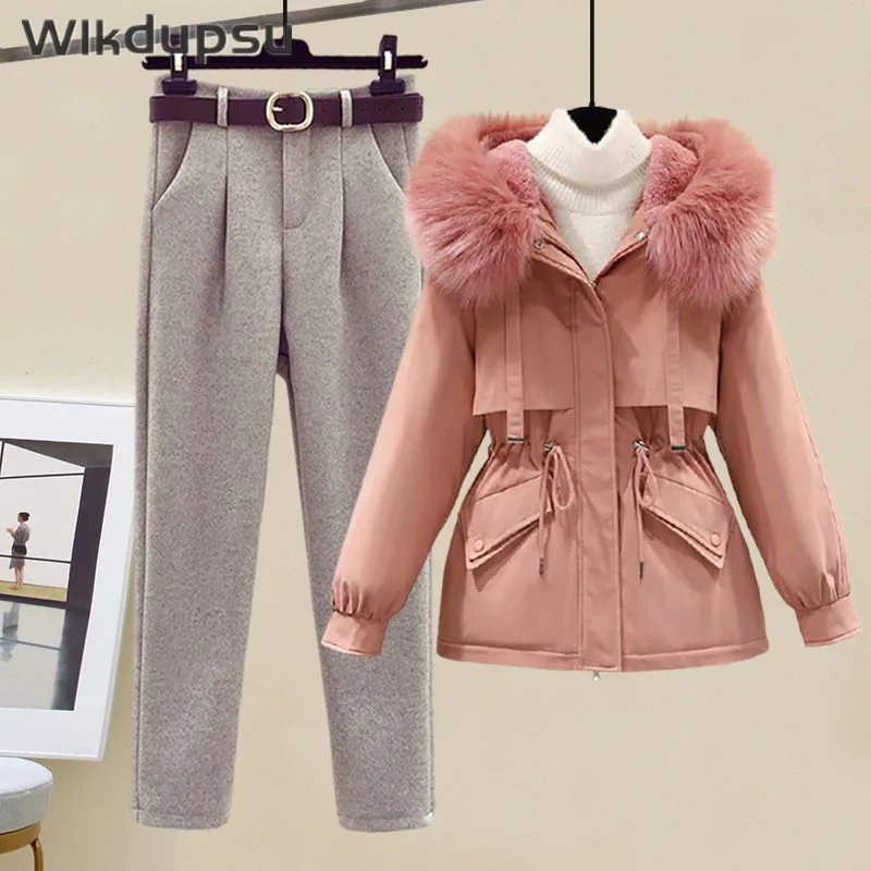 

Зимняя теплая куртка с мехом и капюшоном, парка, комплект из трех предметов, женская одежда, свитер с круглым вырезом и брюки, костюмы, модная...