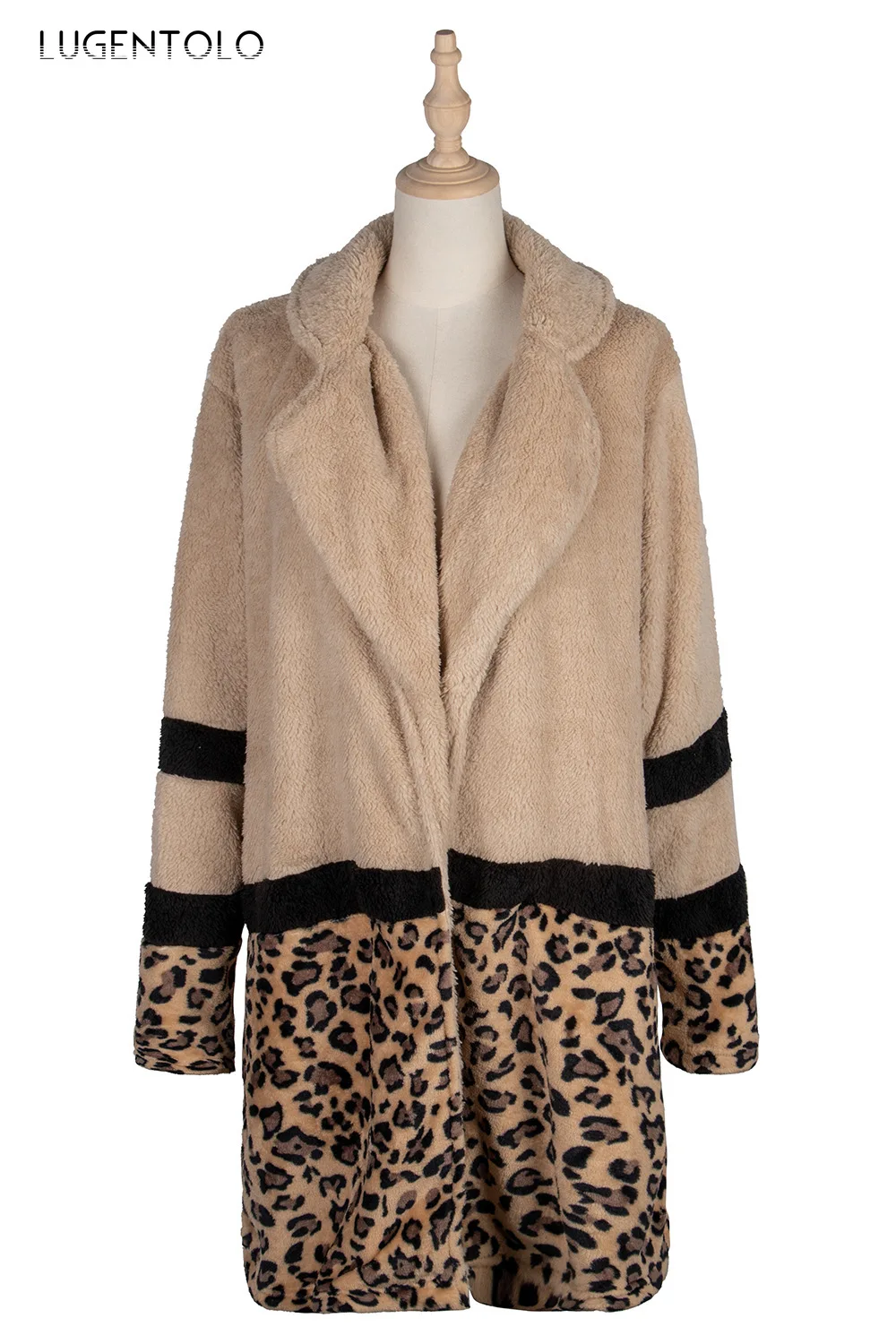 

Lugentolo Women's Coat Flocking Fashion New Autumn Winter Jackets Mid-Length Plush Coat Leopard Stitching Female Casual Coats