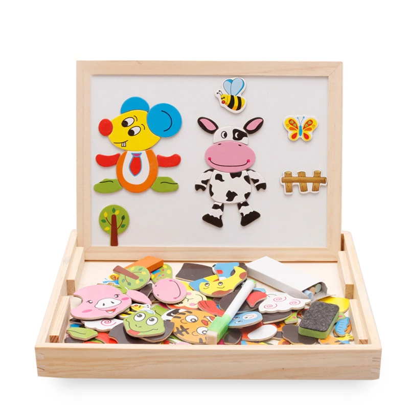 

100+Pieces Wooden Magnetic Puzzle Animals Farm Forest Cartoon Zodiac 5 Styles Of Drawing Board Educational Toys For Kids Toy