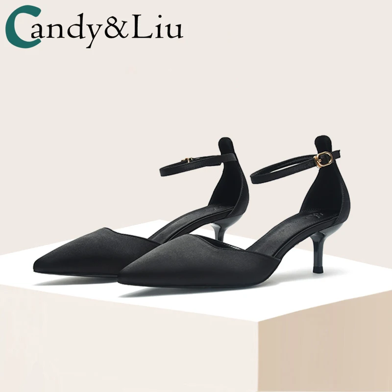 

One Line Buckle Black High Heels Women's 2021 Spring Autumn New Professional Satin 5cm Pointed Thin Heel Medium Heel Shoes