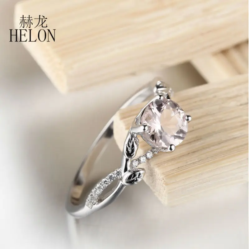

HELON Sterling Silver 925 Certified Round Cut 6mm Morganite Natural Diamonds Engagement Wedding Ring For Women Trendy Fine Ring