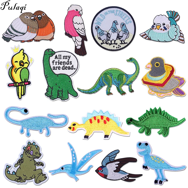 Pulaqi Cartoon Dinosaur Patch Stripe Iron On Patches for Clothes Lovely Bird Embroidered Clothing Stickers Applique | Дом и сад