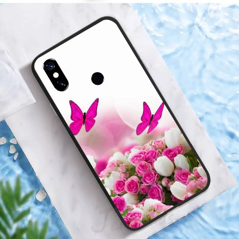 

Red butterfly on white roses flower luxury design Phone Case funda For Xiaomi Redmi note 7 8 9 t k30 max3 9 s 10 pro lite