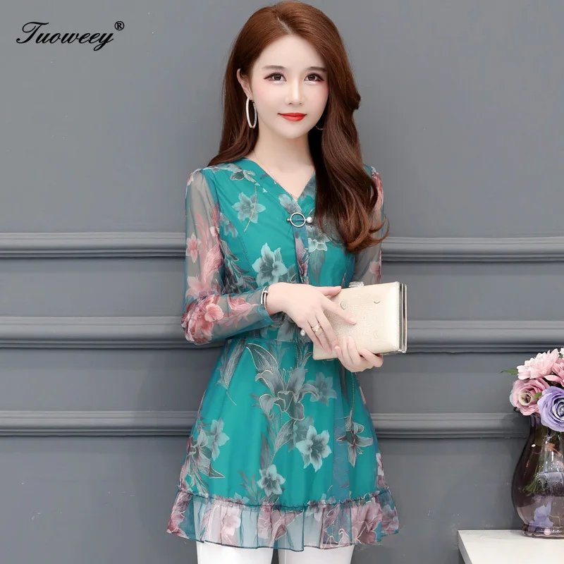 5XL плюс Размер Цветочные женские блузки 2019 мода осень длинный рукав v-образный