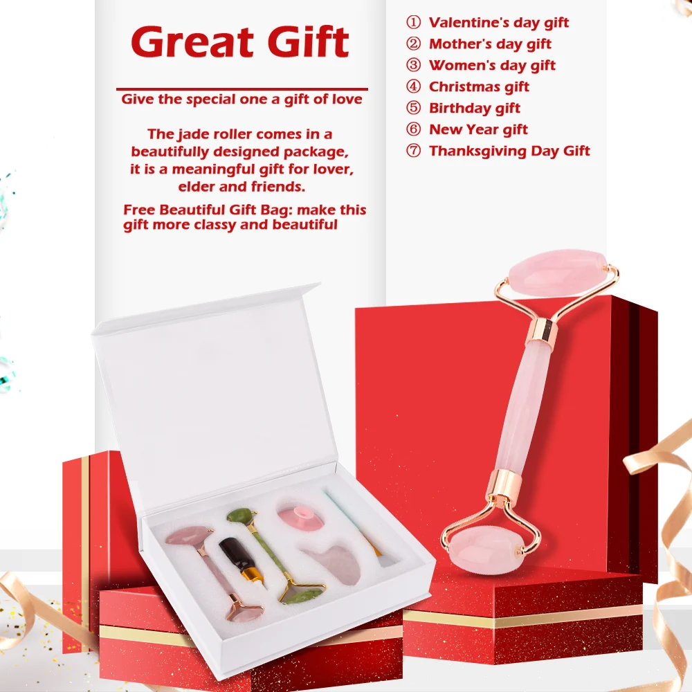 

Natural Jade Guasha Gift Set Rose Quartz Facial Massage Roller Slimming Face Lifting Jade Stone Massager for Body Neck Face Care