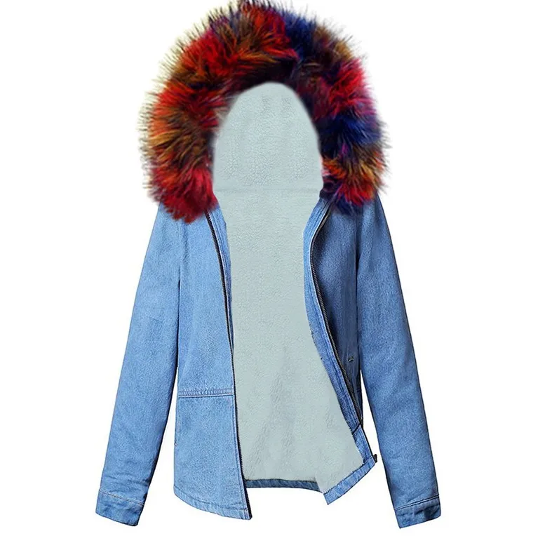 Flower fur Однотонная зимняя джинсовая куртка с меховым воротником и капюшоном для женщин, Повседневная модная женская джинсовая куртка с меховой подкладкой, женская верхняя одежда, джинсовая женская куртка - Цвет: Flower fur
