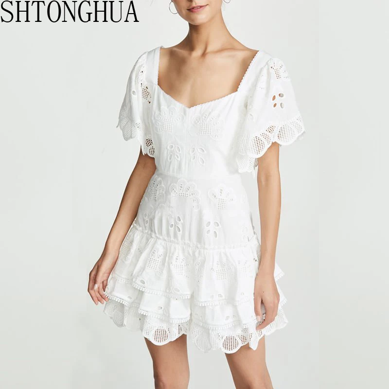 SHTONGHUA Белое Бальное Платье с коротким рукавом женское платье 2019 Sunmer подиумная