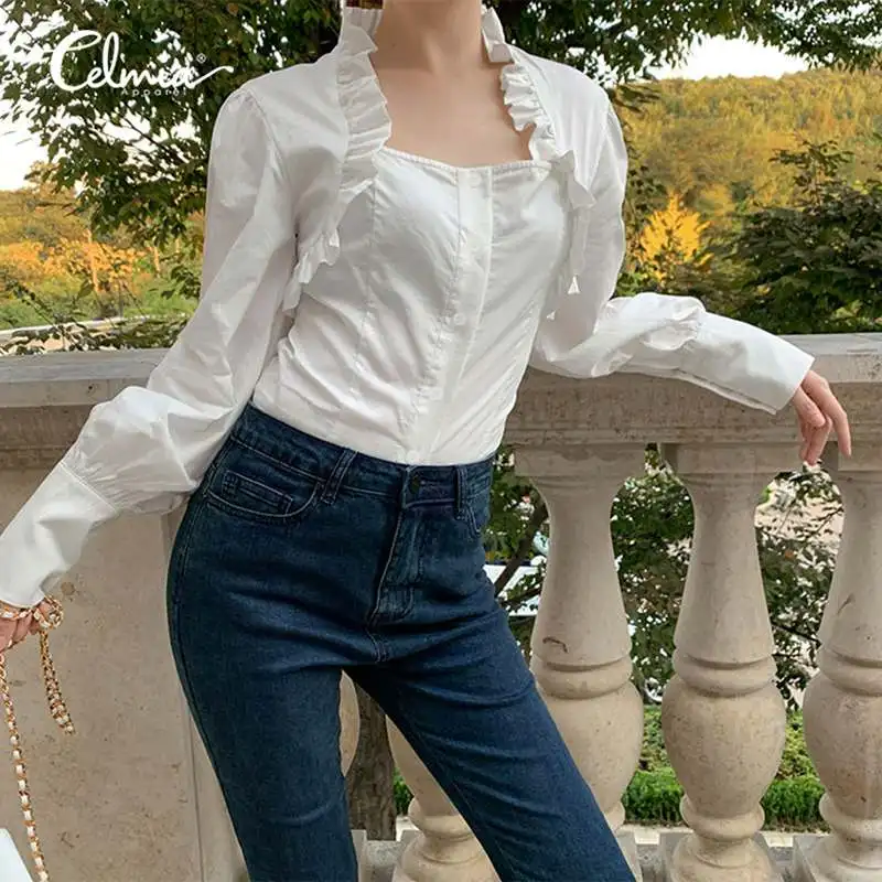 

Women Sexy Tops Square Collar Ruffles Blouse 2021 Celmia Autumn Elegant Office Button Casual Ladies Work Shirts Blusas Femininas